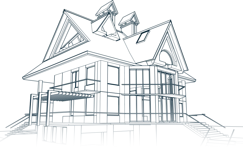 Line drawing of a two-story house with gabled roofs and dormers